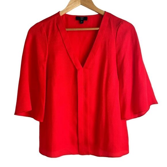 J Crew Red 100% Silk V-Neck 3/4 Sleeve Blouse - Picture 1 of 5